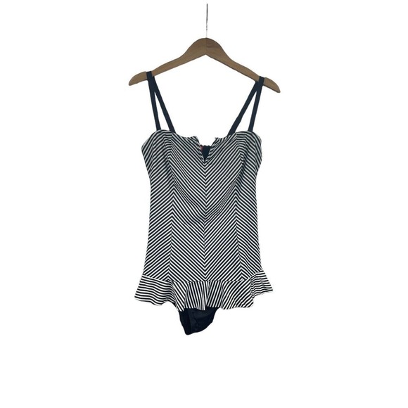 Spanx Swimsuit Womens 12 Black and White Striped One Piece Shaping Tutu Trim - Picture 1 of 9